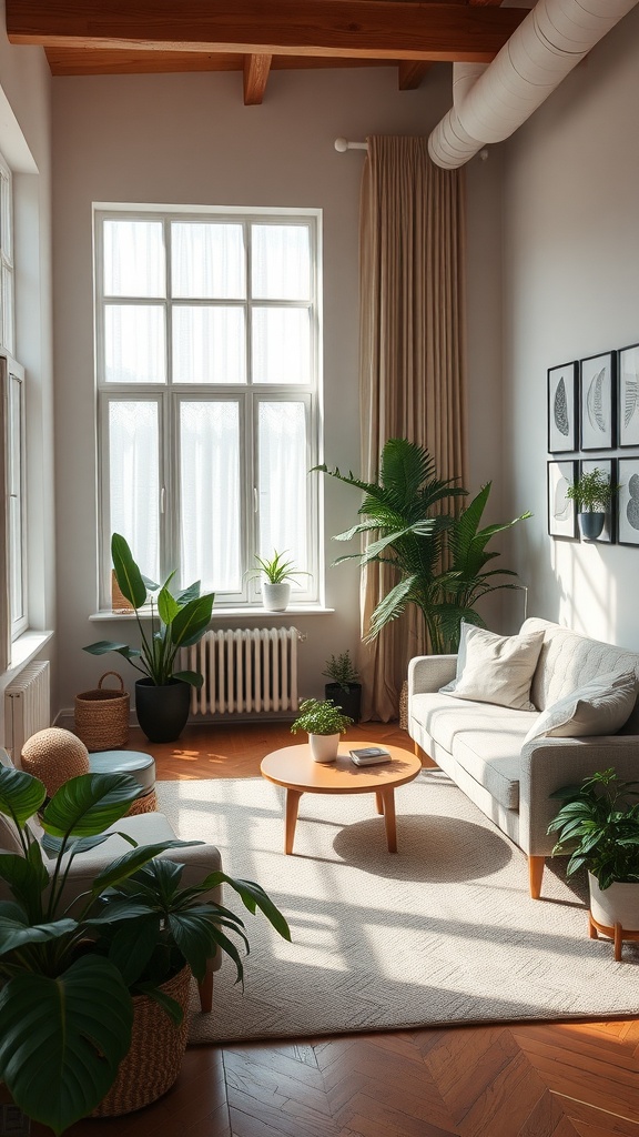 A bright living room with large windows, plants, and a cozy seating area.