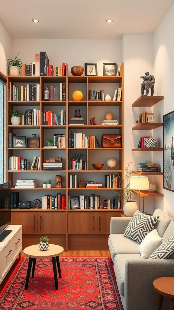 A stylish small living room featuring tall shelves filled with books and decorations, enhancing vertical space.