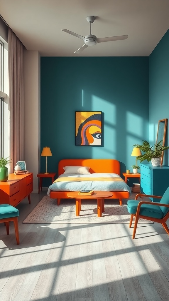 A vibrant mid-century modern bedroom featuring orange furniture, a blue wall, and natural light.