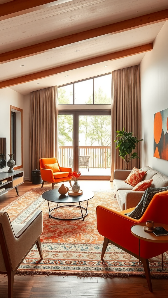 A mid-century modern living room decorated in vibrant orange tones, featuring an orange sofa, curtains, and accessories, with a black coffee table and plants.