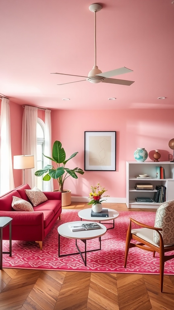 Mid-century modern living room with a pink palette, featuring pink walls, stylish furniture, and plants.