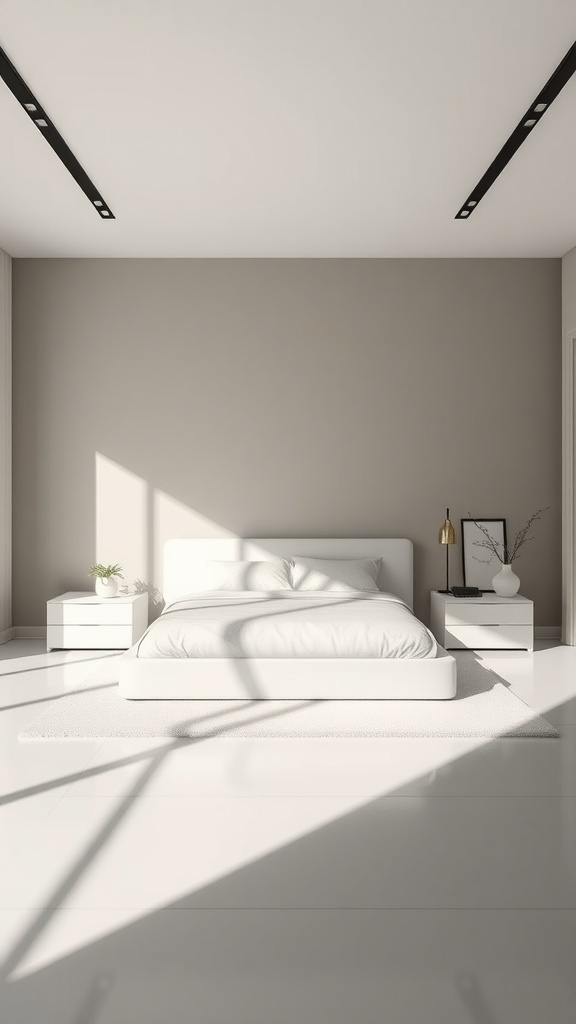 A minimalist bedroom with a white bed, soft linens, and simple decor, creating a serene and calming environment.