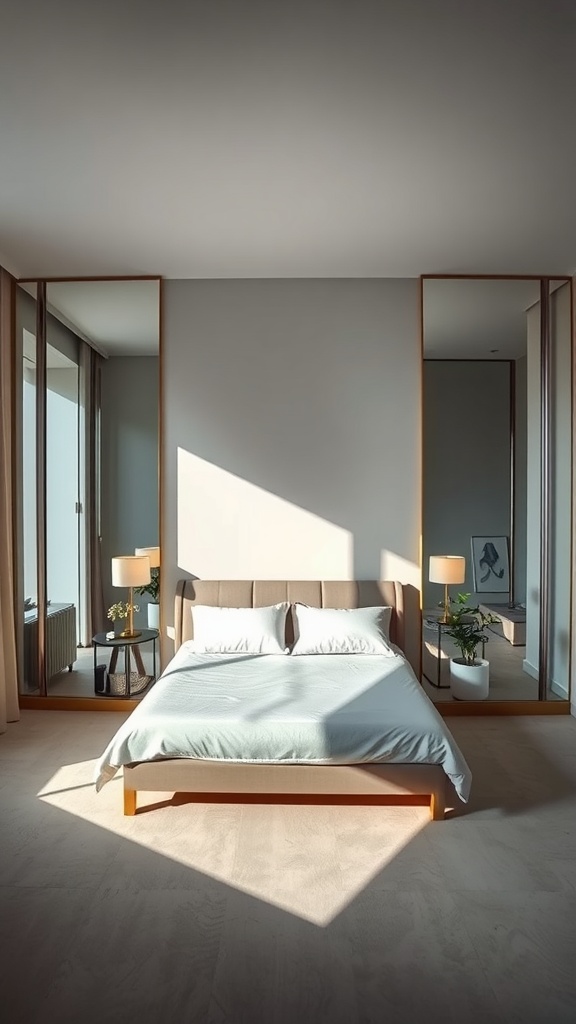 A modern bedroom featuring large mirrors that reflect natural light, enhancing the room's brightness.