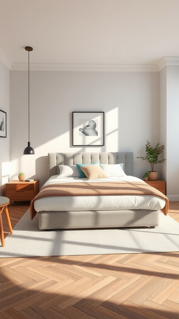 A cozy bedroom featuring a modern bed and traditional wooden nightstands.