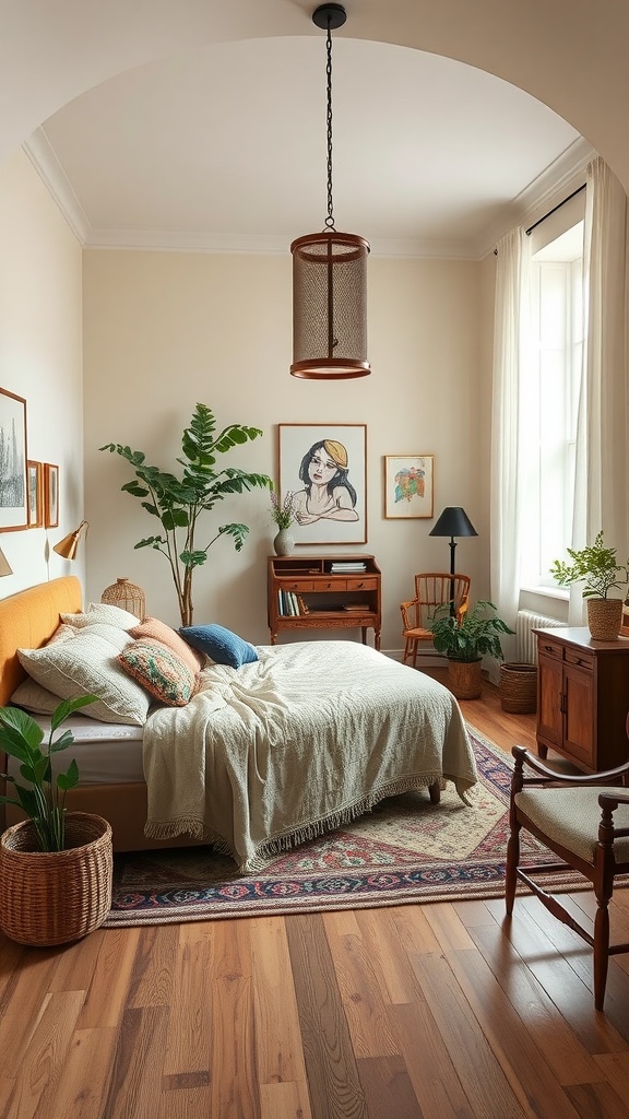 A beautifully styled boho bedroom featuring a mix of vintage and modern decor.