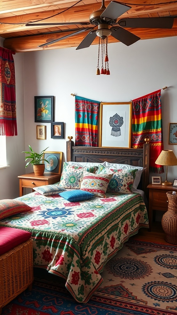 A vibrant boho bedroom featuring an assortment of patterns and textiles on the bed and walls.