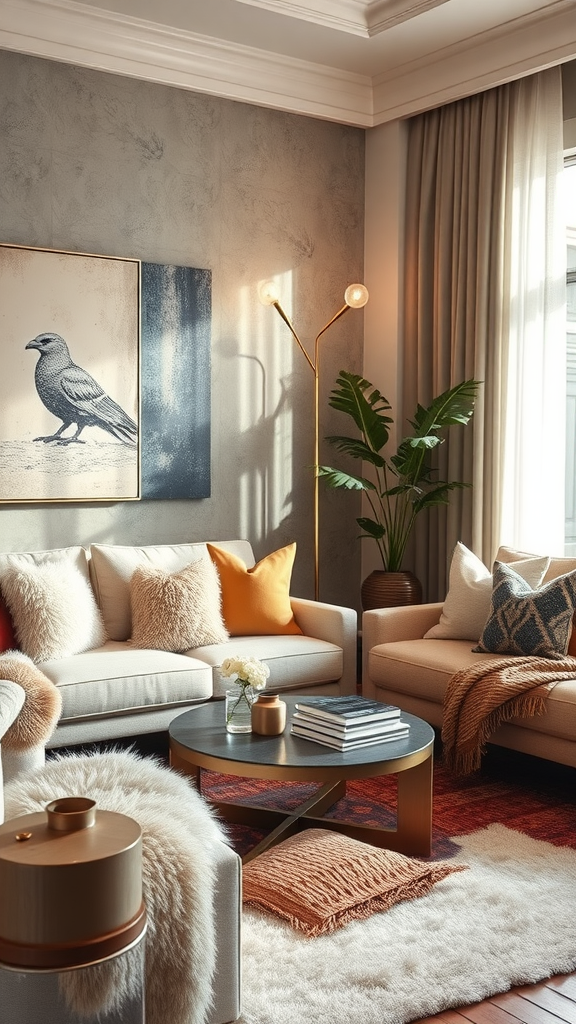 A cozy living room featuring a beige sofa with decorative pillows, a knitted orange blanket, and fluffy accessories.