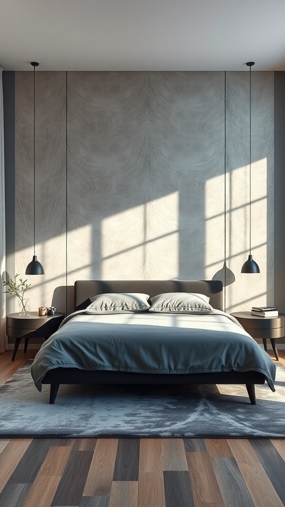 Modern bedroom with a mix of textures including soft bedding, smooth walls, and a wooden floor.