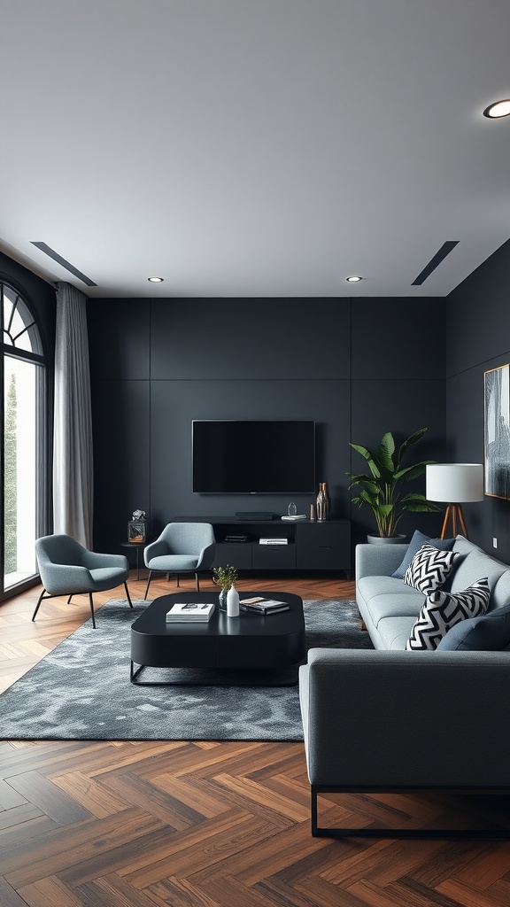 A modern monochrome black living room featuring dark walls, gray furniture, and natural light.