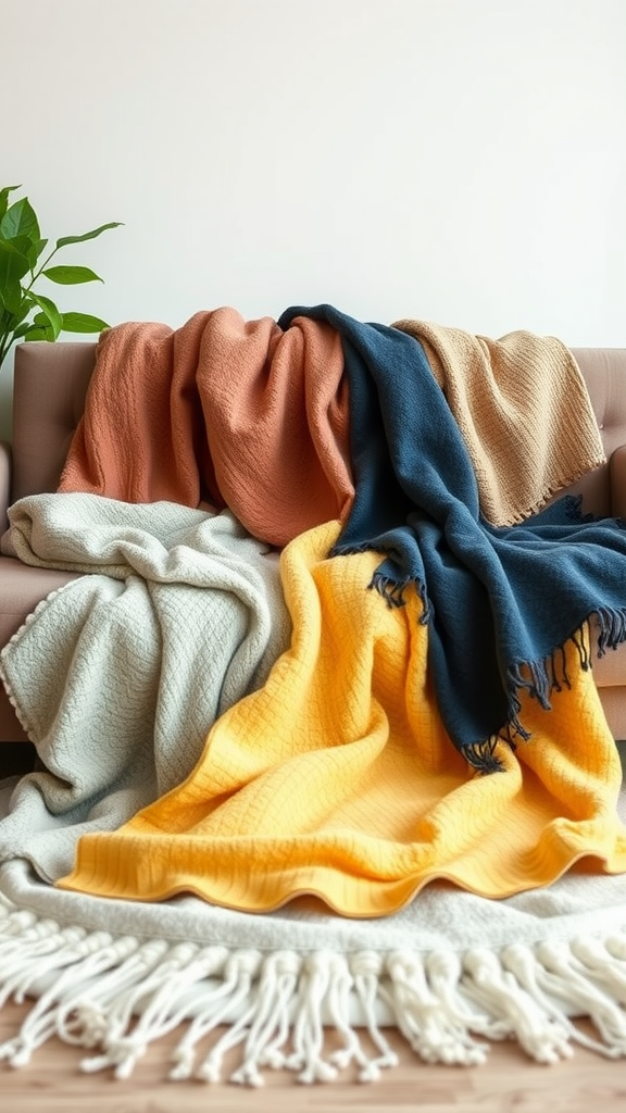 A cozy couch covered with colorful throw blankets.