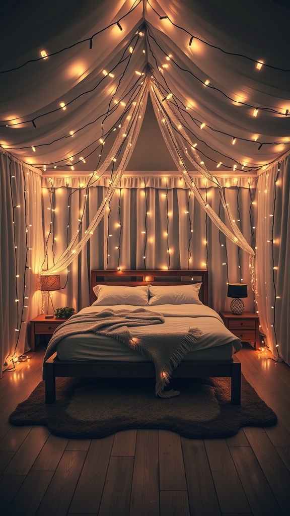 A cozy bedroom featuring warm fairy lights draped across the walls and ceiling, creating a soft glow.