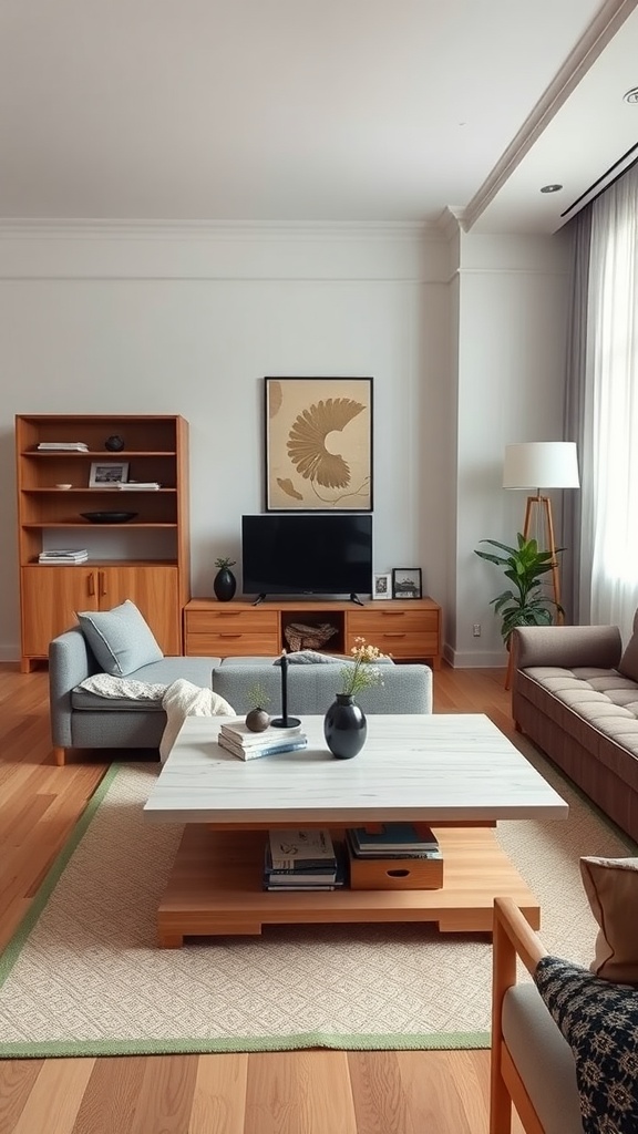 A small living room featuring multifunctional furniture, including a coffee table and a cozy seating arrangement.