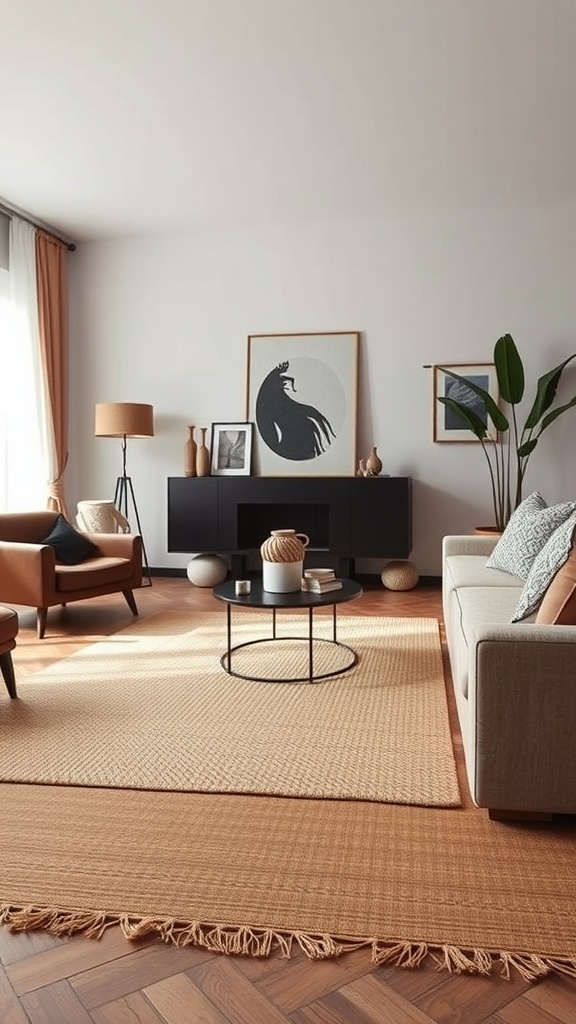 A cozy living room featuring a light natural fiber rug on a dark wood floor, with modern furniture and earthy tones.