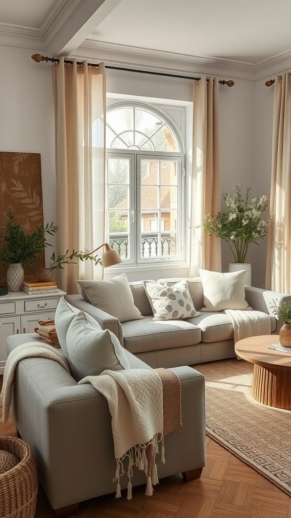 A bright living room featuring natural fiber textiles, cozy seating, and wooden furniture.