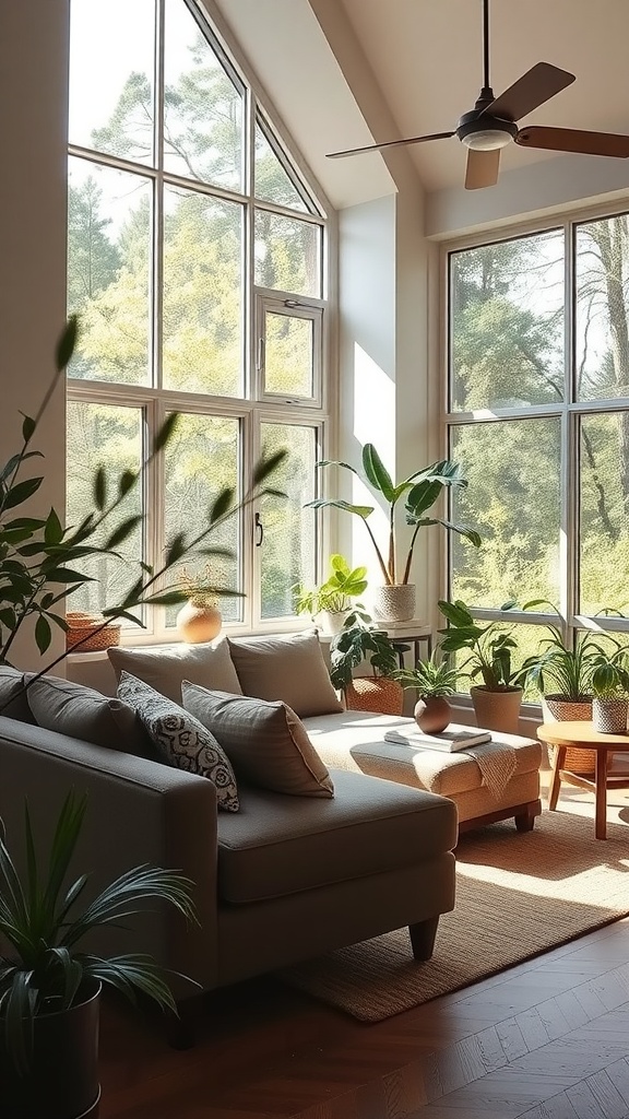 A bright living room with large windows, a comfortable couch, and various indoor plants.