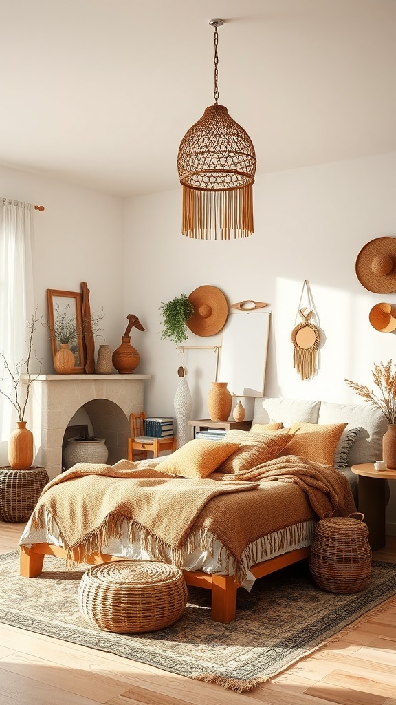 A cozy boho bedroom featuring natural textures and earthy tones.