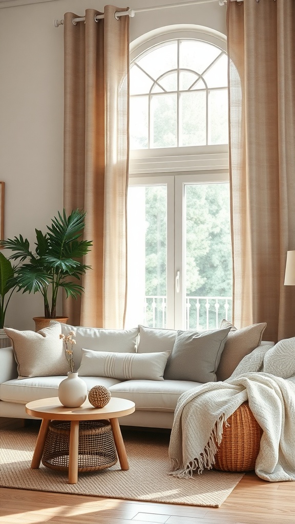 A cozy living room with natural window treatments, featuring light brown curtains, a comfortable sofa, and a coffee table.