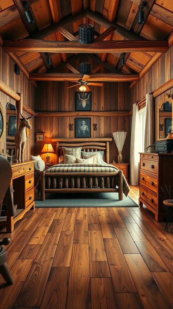 A western bedroom with natural wood flooring, rustic furniture, and warm tones.