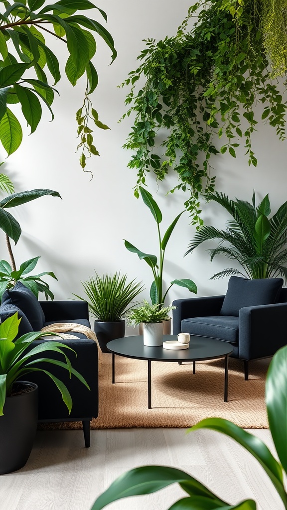 A stylish black living room with dark furniture and abundant greenery.