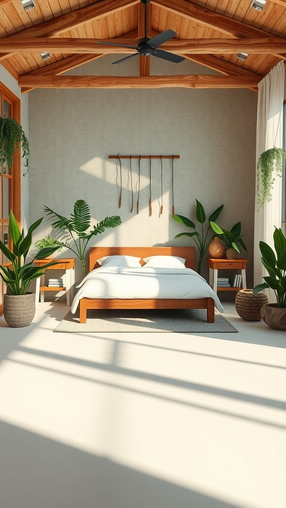 A serene bedroom featuring a wooden ceiling, white bedding, and lush green plants.