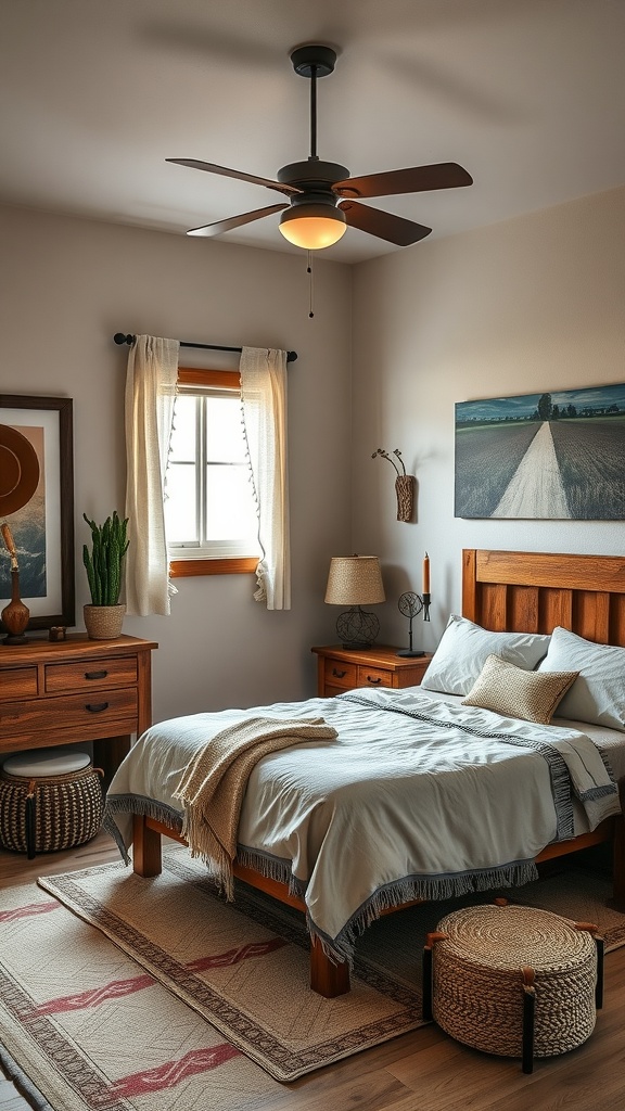 A cozy western bedroom featuring a neutral color palette with wooden furniture and soft linens.