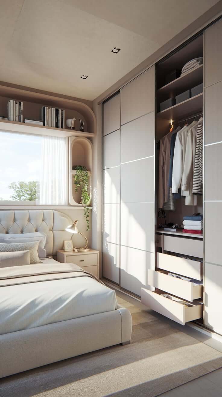 Open drawers reveal neatly organized clothing and accessories. Compact bedroom with clever storage solutions