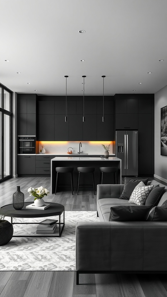 An open concept black living room and kitchen featuring dark cabinetry, a cozy sofa, and a stylish coffee table.