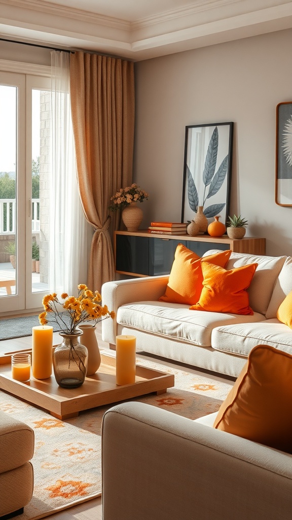 A cozy living room with orange pillows and accessories, featuring a sofa, coffee table, and floral arrangement.