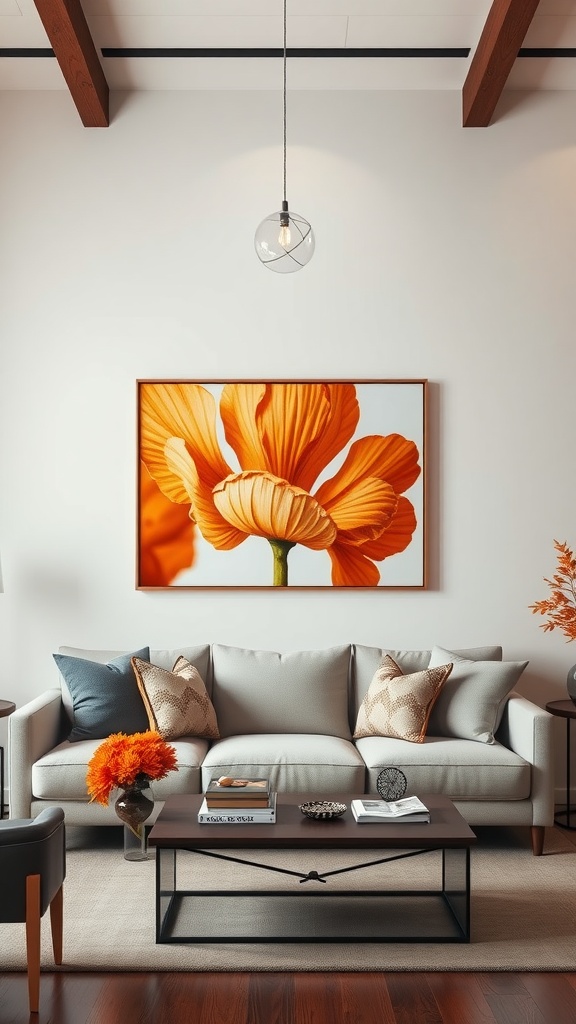 Bright orange flower artwork above a neutral sofa in a modern living room