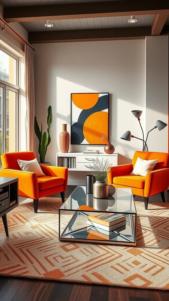 A living room featuring two orange accent chairs, a glass coffee table, and a geometric rug, creating a bright and inviting atmosphere.