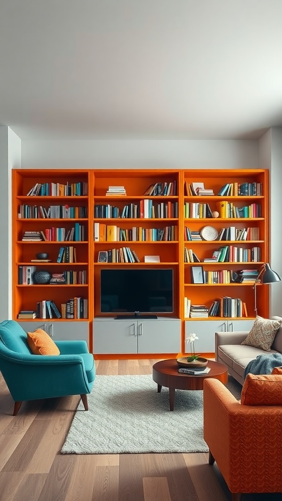 Bright orange bookshelves with colorful books and a cozy living room setting.