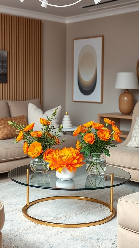 Bright orange floral arrangements on a coffee table in a stylish living room.