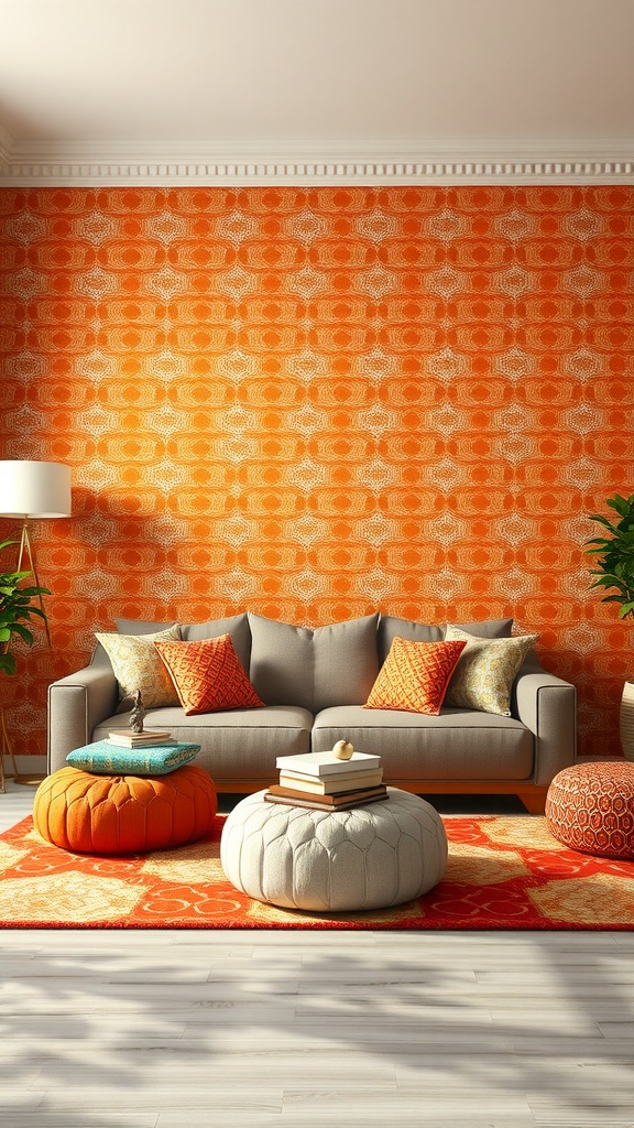 A living room featuring an orange geometric patterned wall, gray sofa, colorful cushions, and a patterned rug.