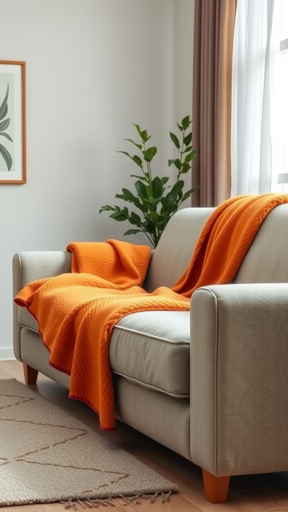 A cozy living room with an orange throw blanket draped over a light gray sofa, complemented by a plant and soft lighting.