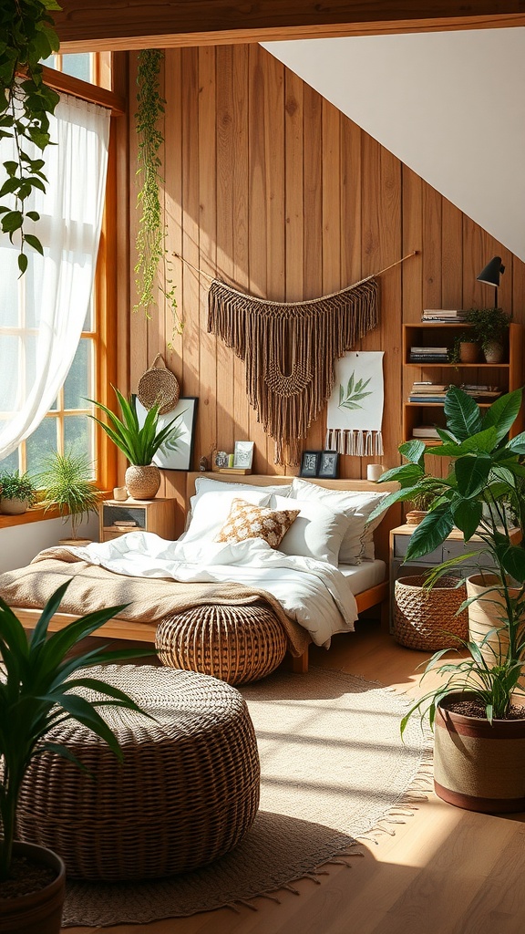 A bright boho bedroom featuring wooden walls, plants, and woven decor.