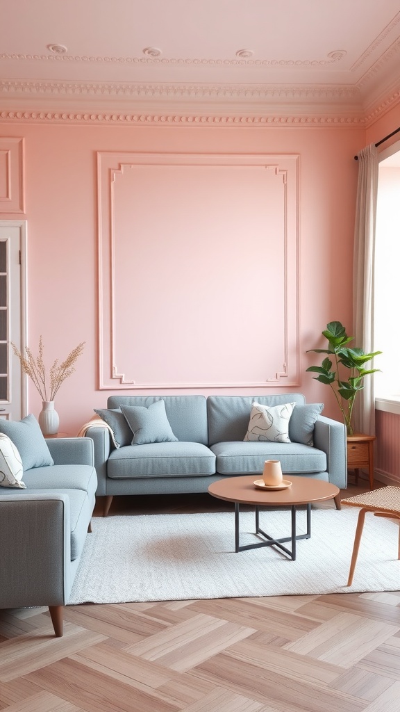 A pastel pink living room featuring a gray sofa and modern furniture.