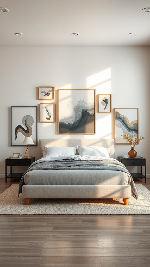 Cozy bedroom with a gallery wall of framed personal photographs.