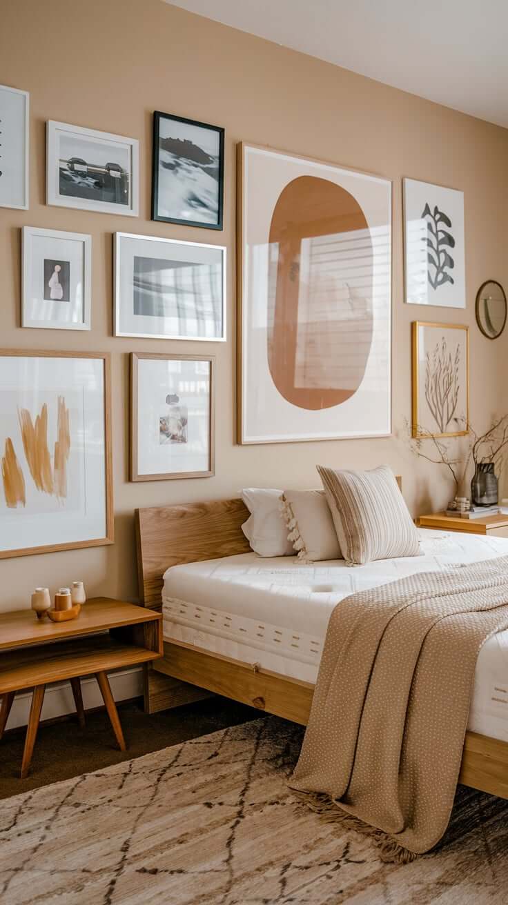 A cozy boho bedroom featuring a personalized gallery wall with various framed photos and art.