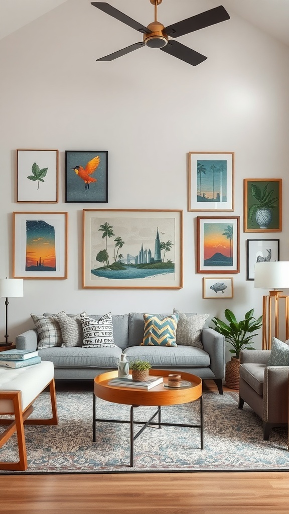 Cozy living room with personalized artwork, featuring a large whimsical painting and smaller animal illustrations.