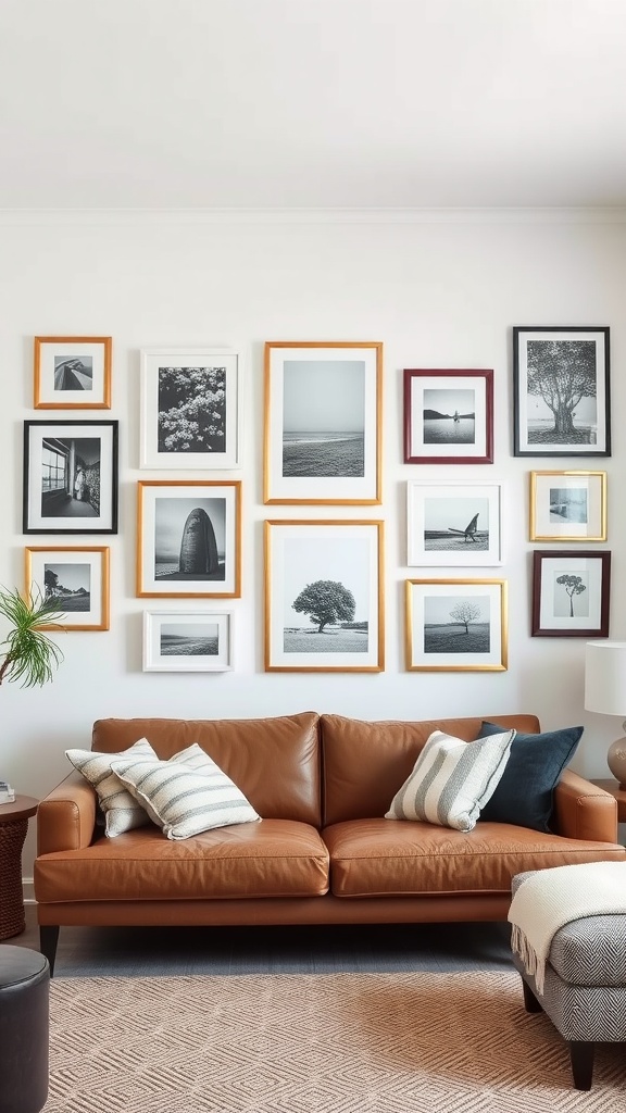 A cozy living room with a personalized gallery wall featuring various framed black and white images and a comfortable leather sofa.