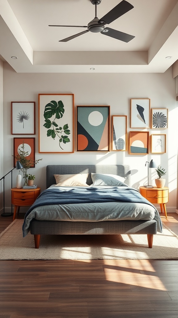 A cozy bedroom with a gallery wall of diverse art pieces, a comfortable bed with layered blankets, and plants, creating a warm and inviting atmosphere.