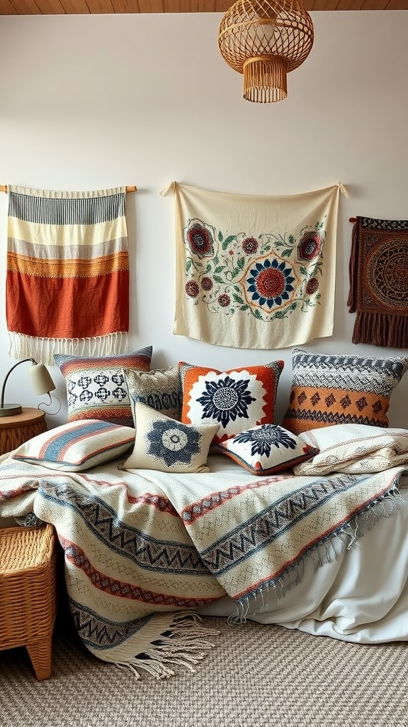 A cozy boho bedroom with personalized textiles and throws, featuring vibrant pillows and patterned blankets.