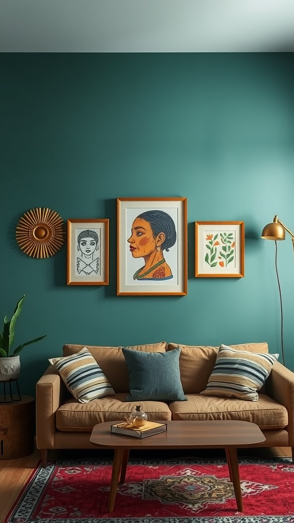 A cozy living room featuring a variety of framed wall art, a comfortable sofa, and decorative plants.