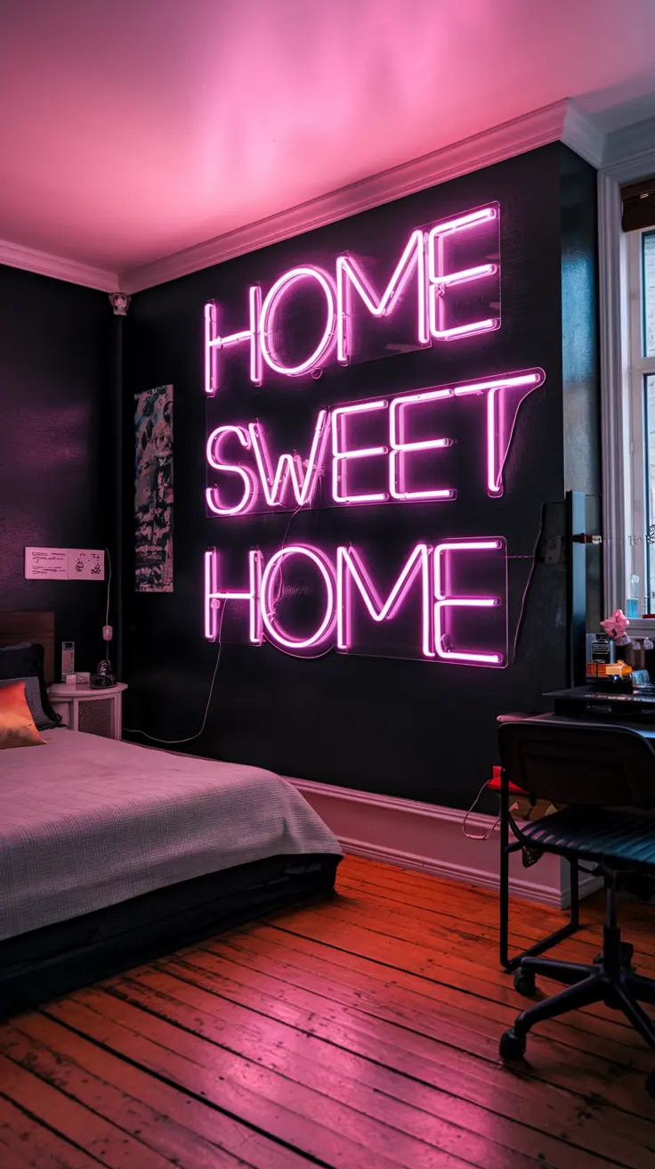 Black walls adorned with pink neon signs create a moody yet vibrant atmosphere in a bedroom. The contrast of the dark backdrop with the bright pink lighting offers a modern and edgy aesthetic