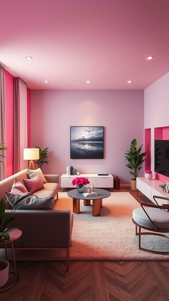 A pink-themed living room with ambient lighting and stylish furniture.