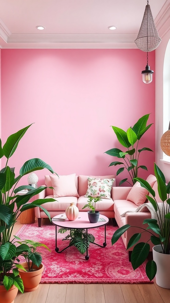 A cozy pink living room with green plants and a round coffee table.