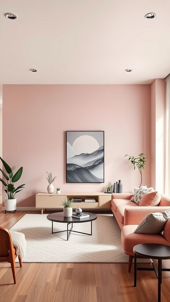 A pink living room with a coral couch, neutral coffee table, and green plants