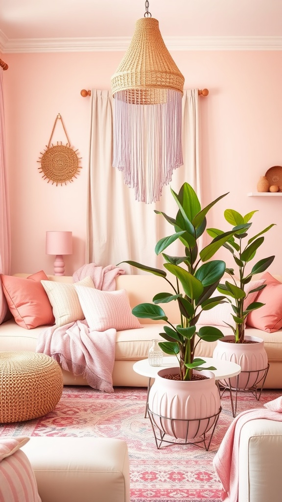 A cozy pink living room featuring plants, a pink couch, and warm lighting.