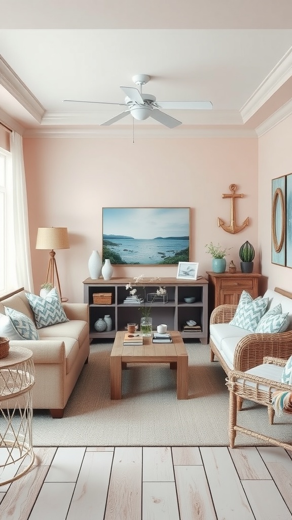 Cozy pink coastal living room with natural wood furniture and nautical decor