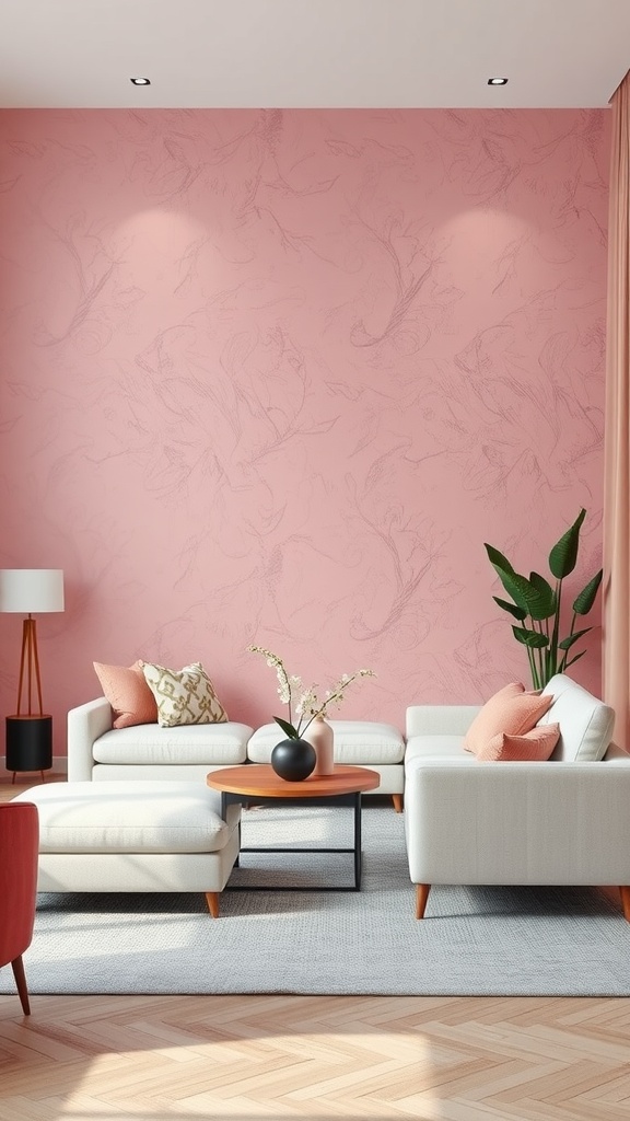 Stylish living room with pink textured wall, white sofas, and plants.